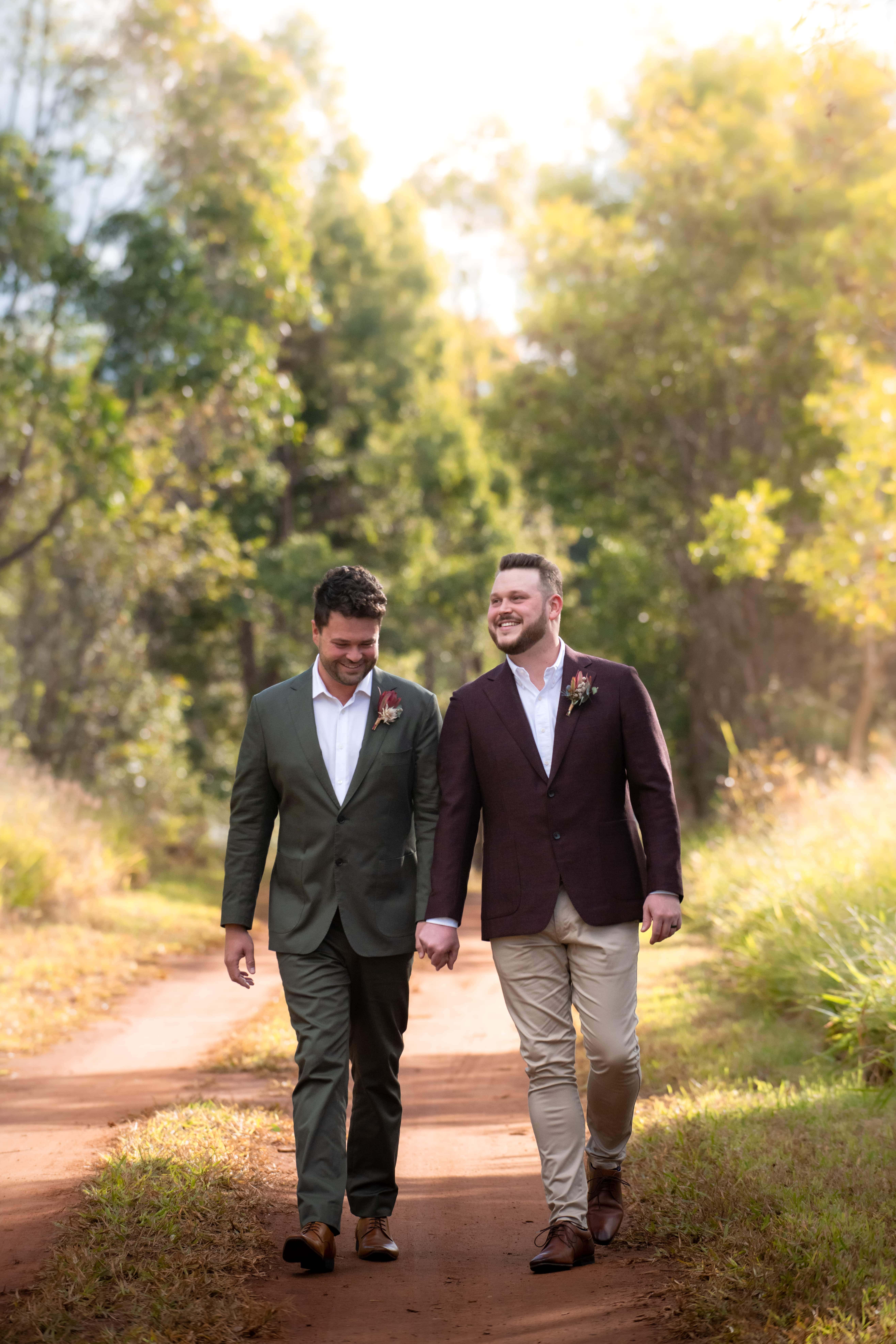 Real-wedding-Luke-and-Mitch-at-The-Crocodile-Lodge-Australia-Zoo-Queensland-couple-walking