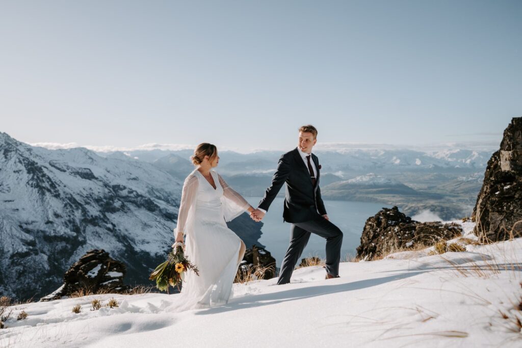 Real-wedding-Katie-and-Ben-New-Zealand-walking-up-the-mountains