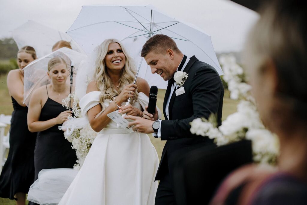 Real Wedding - Brittany + Edward - Bimbadgen Palmers Lane, Hunter Valley - The Beginning Studio - rainy wedding ceremony